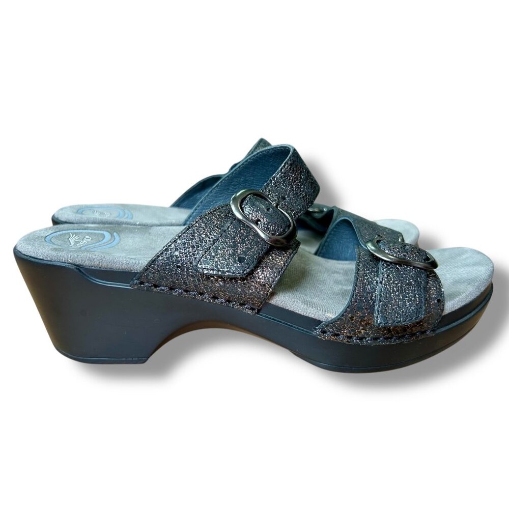 Dansko Sophie Metallic Snake Print Wedge Sandals Slides Black Speckles